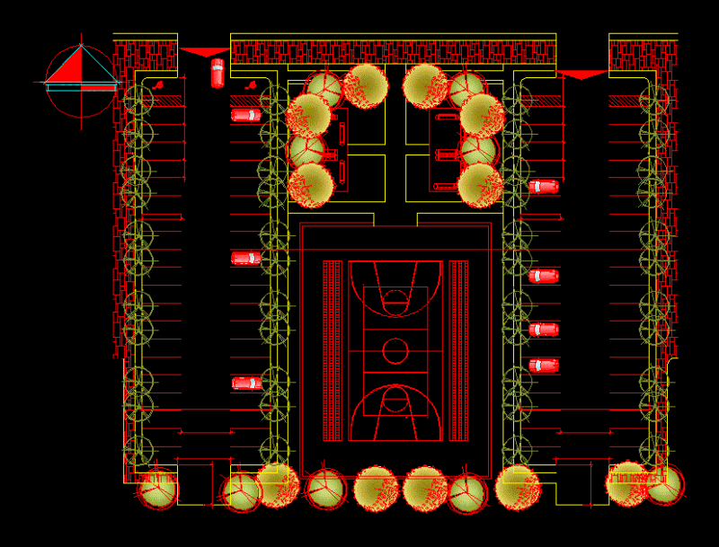 Parking Lot Layout with Central Basketball Court and 42 Stalls