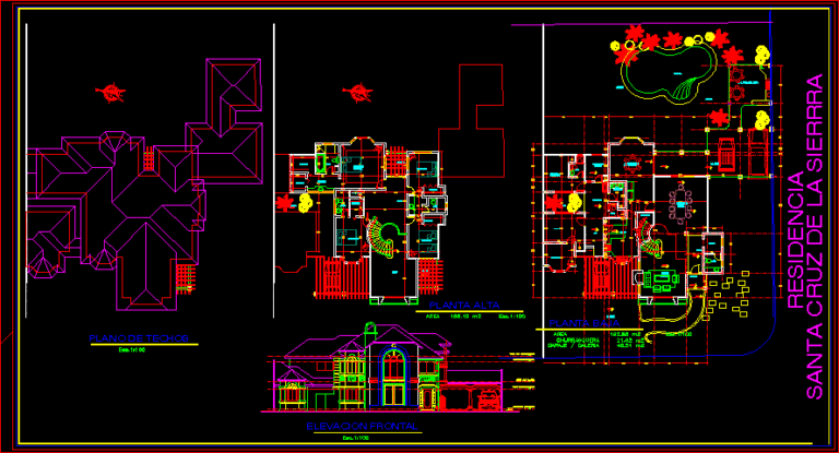 2D CAD drawings showing two floor plans, a roof plan, and a front elevation for a house with a pool and garage.