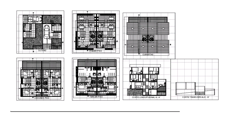 Three Story Apartment with Basement Garage 2D DWG Plan for AutoCAD