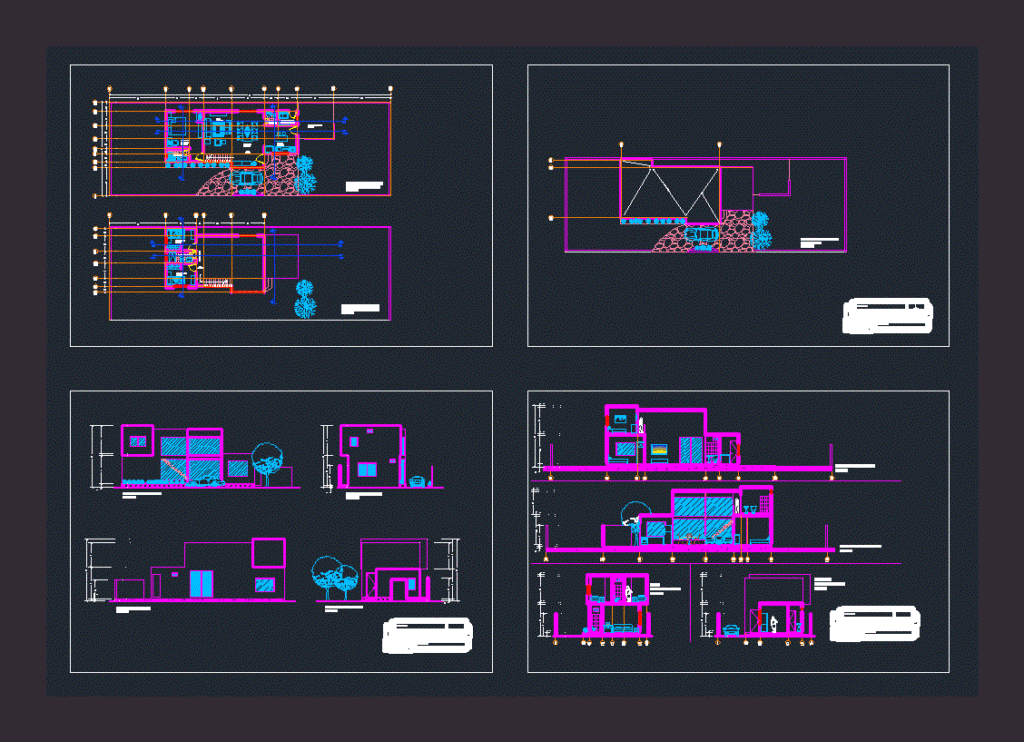 CAD drawing set featuring architectural floor plans, building sections, and four exterior elevations in metric units.