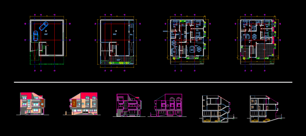Single Family 3 Levels DWG Section for AutoCAD