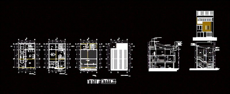Three Story House with Garage 2D DWG Plan for AutoCAD