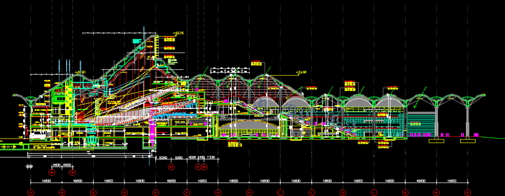 Architectural cross-section CAD drawing of a convention center showing a wavy roof and multi-story interior halls.