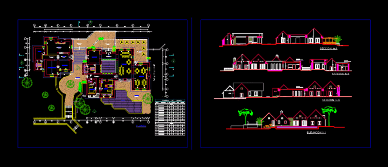 Tourist Area Management With Pool And Restaurant 2D DWG Design Section for AutoCAD