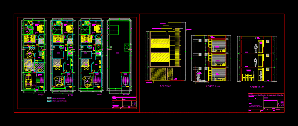 House with Three Apartments 2D DWG Plan for AutoCAD