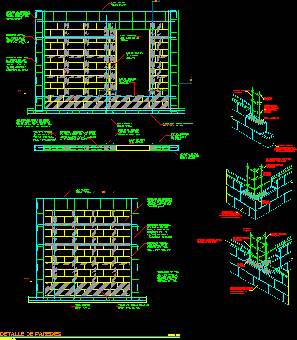 Block Wall, Reinforced, Integral Columns 3D DWG Detail for 