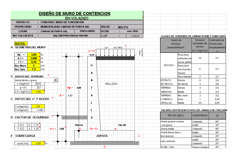 Cantilever Retaining Wall XLS Excel Spreadsheet