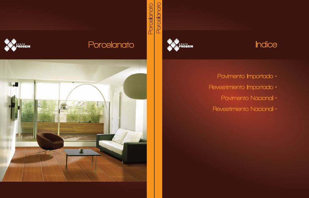 Catalog cover showing wood-look porcelain floor tiles in a living room and an index of floor and wall cladding categories.