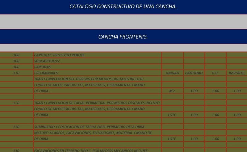 Catalog Constructive Racquetball Court XLS Excel Spreadsheet