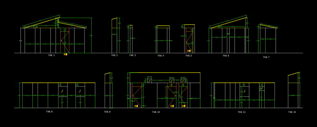 CAD drawing showing 12 numbered structural partition wall sections with dimensions for a wood panel house.