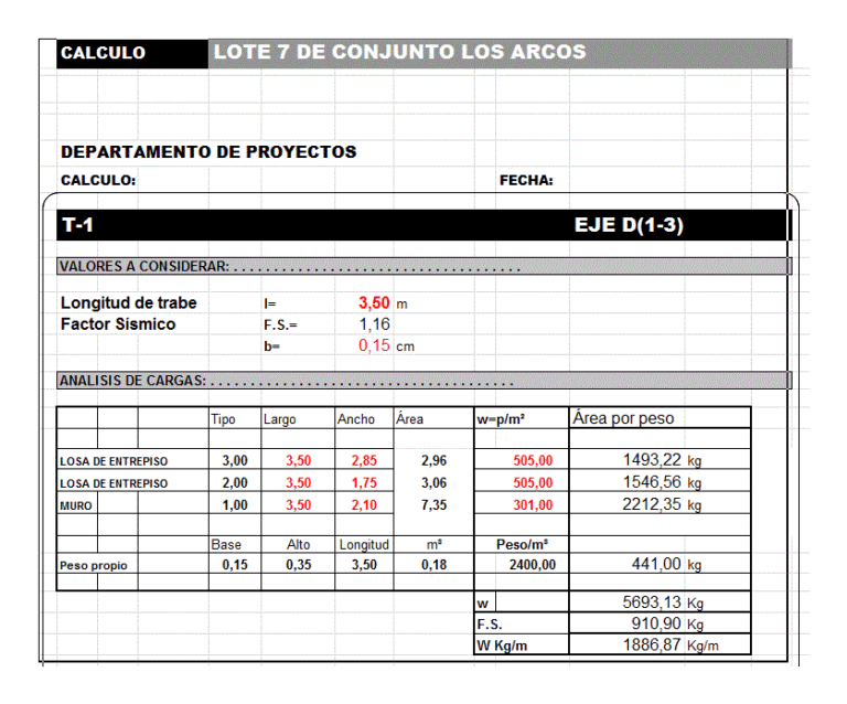 Excel spreadsheet showing a structural load analysis table for a beam, including slab and wall weight calculations.