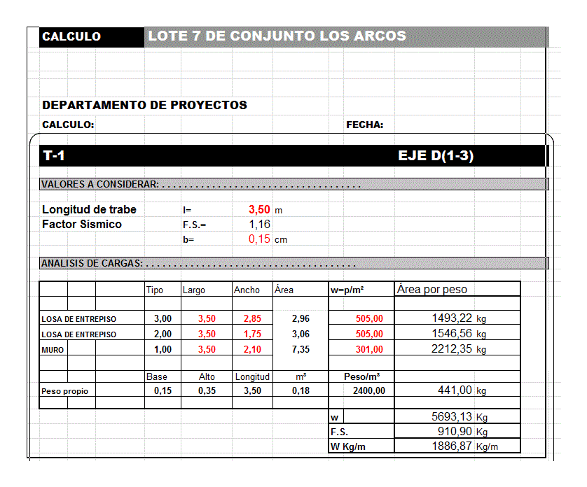 Excel spreadsheet showing a structural load analysis table for a beam, including slab and wall weight calculations.