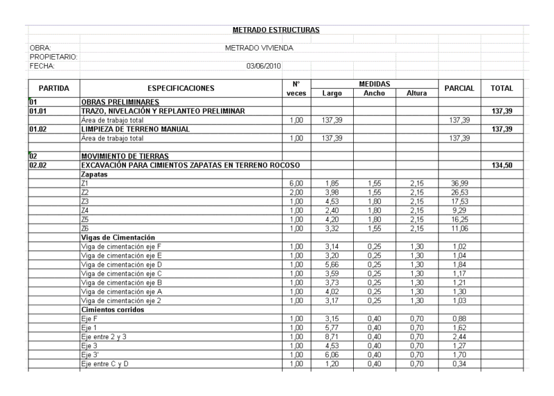 Metrado Housing XLS Excel Spreadsheet