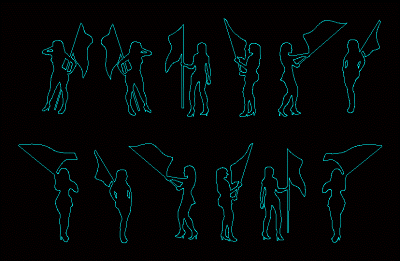 People Silhouettes Flag DWG Elevation for AutoCAD