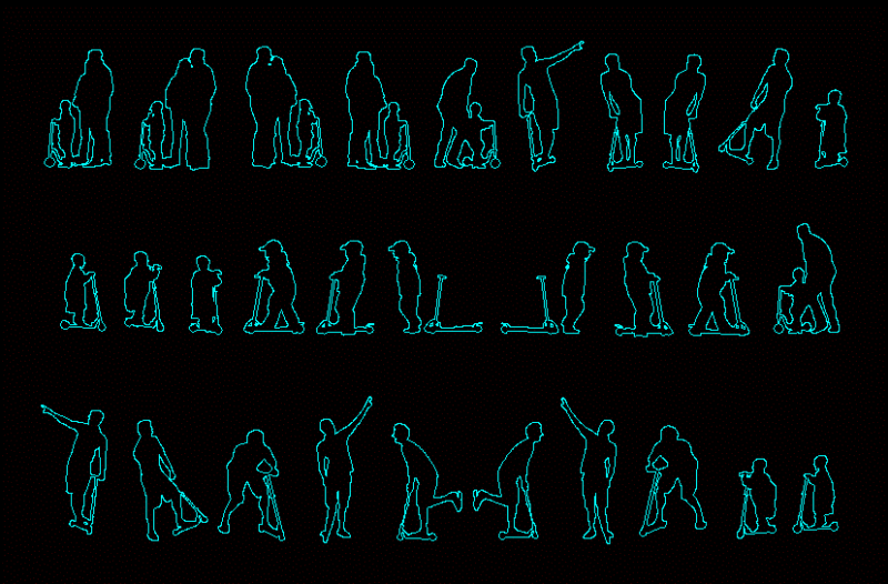 People Silhouettes Push Scooter DWG Elevation for AutoCAD