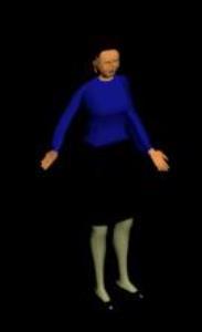 3D model of a woman standing, wearing a blue long-sleeved shirt and black skirt.
