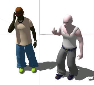 3D SketchUp model of two men, one talking on a phone and one wearing a white tank top.