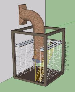 3D model of scaffolding surrounding a curved industrial pipe with vertical height markers and an access ladder.