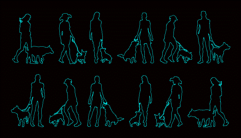 Silhouettes People With Dog DWG Elevation for AutoCAD