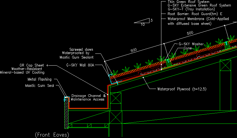 Slope Of The Green Roof - Detail Of The Eaves DWG Detail 