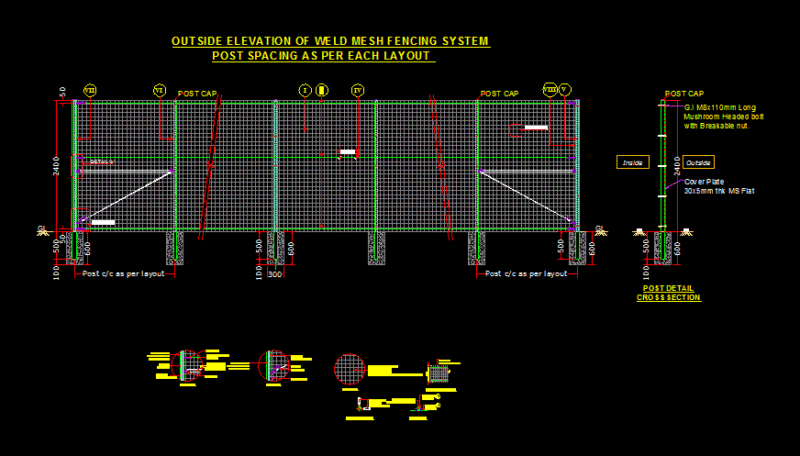 Weld Mesh Fencing System DWG Block for AutoCAD