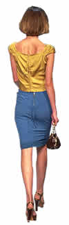 Woman Walking Back View in Yellow Top and Blue Skirt BMP