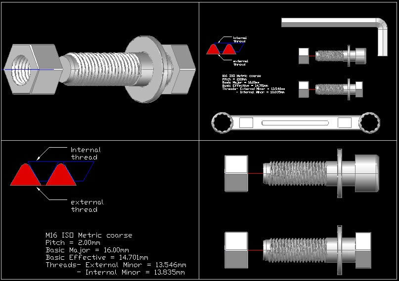 Hex Bolt And Nut 16mm Thread 3D DWG Model for AutoCAD 