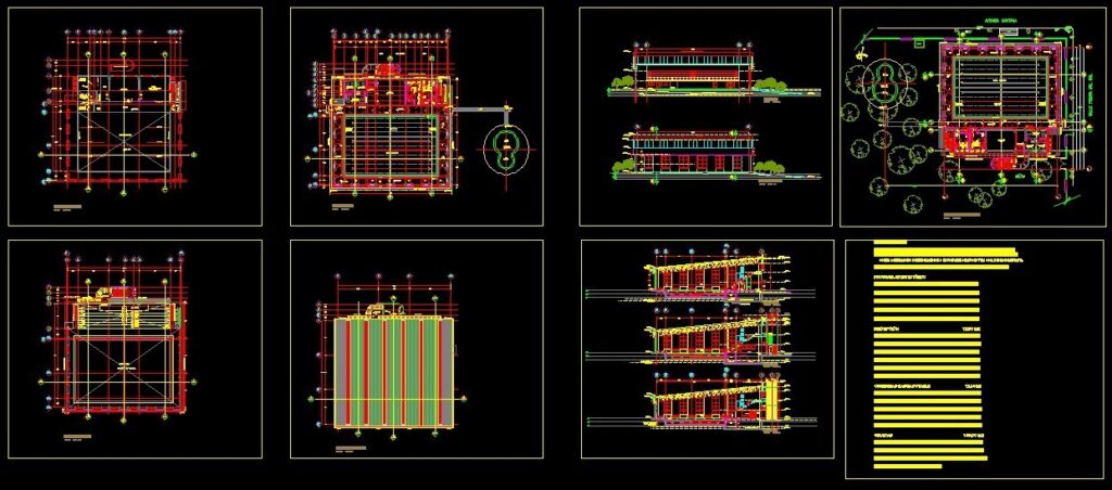 CAD layout of a semi-olympic pool building including floor plans, sections, elevations, and a site plan with parking.