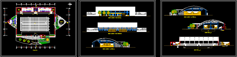 Covered Swimming Pool Complex with Arched Roof Plans and Sections
