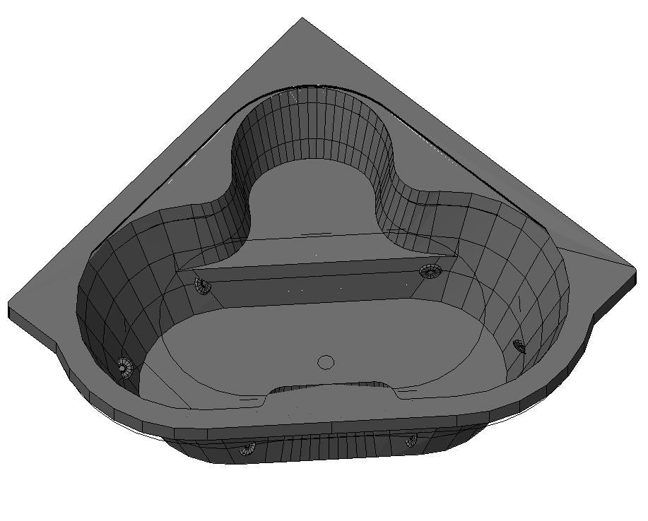 3D wireframe model of a Kohler Cornerstone corner whirlpool bathtub with two-person seating.