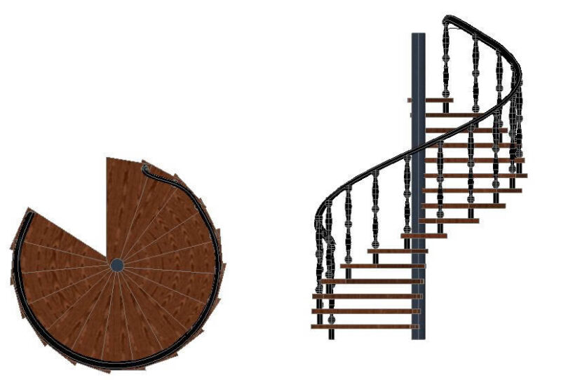 Wooden Staircase Helical 3D DWG Model for AutoCAD
