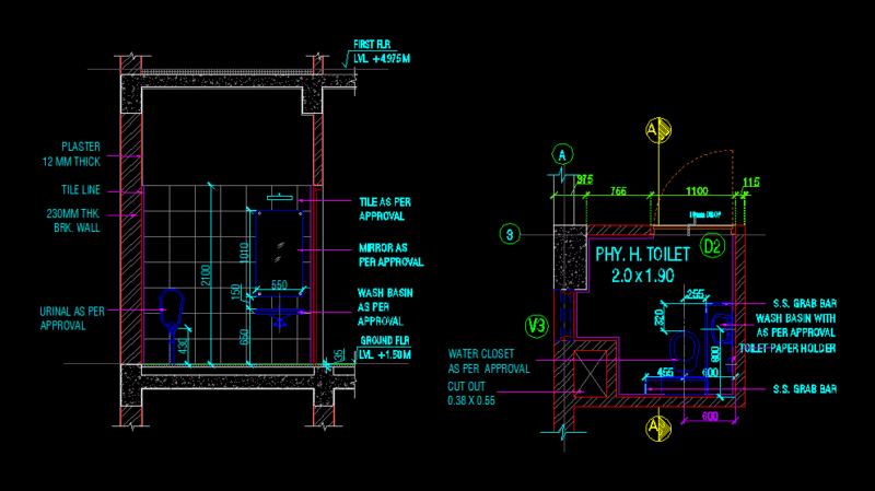 Working Drawing Of Handicap Toilet DWG Detail for AutoCAD