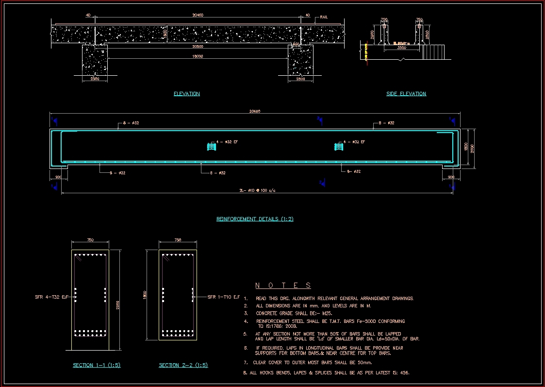Detail column and slab reinforcement elevation and section dwg file