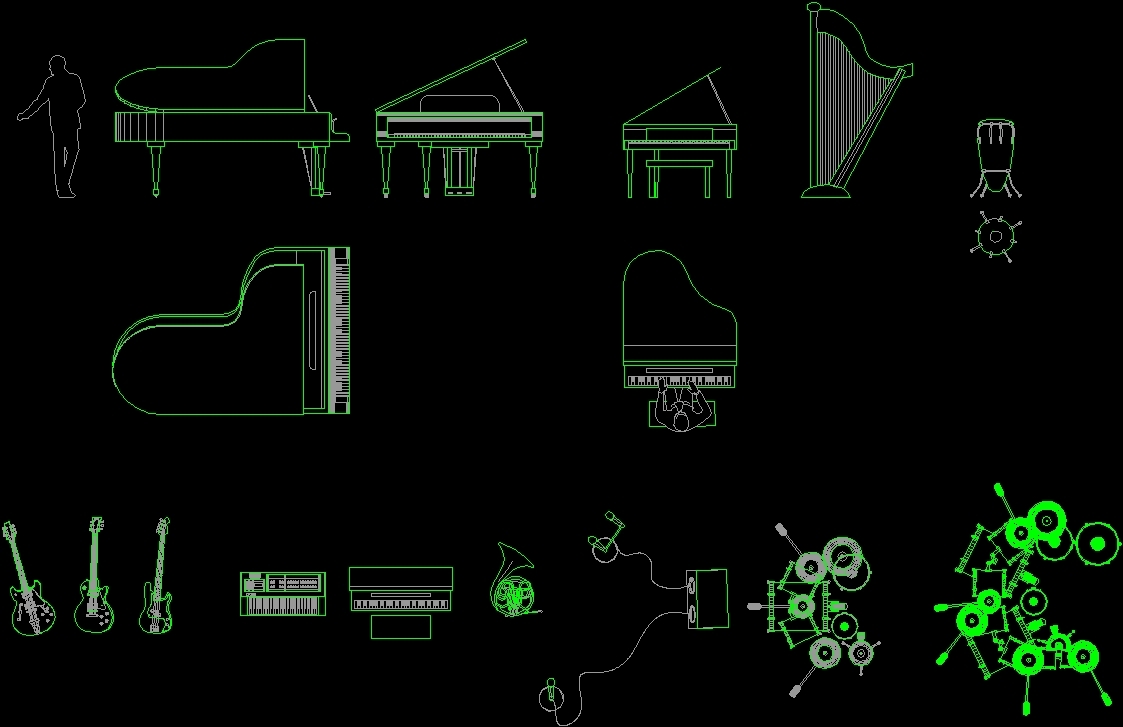 Bajo Gimnasia comerciante Musical Instruments DWG Block for AutoCAD • Designs CAD
