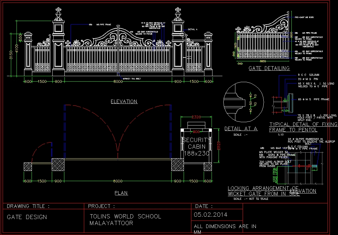 Main Entrance Gate Elevation Design Free Cad Block Au