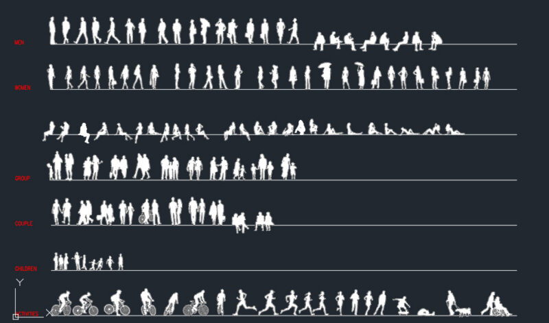 People Human Silhouettes Outline Standing, Walking, Running, Cycling, on Phone, Sitting, Meeting, Interacting  Kids, Men and Women Front and Side Views DWG Blocks for AutoCAD