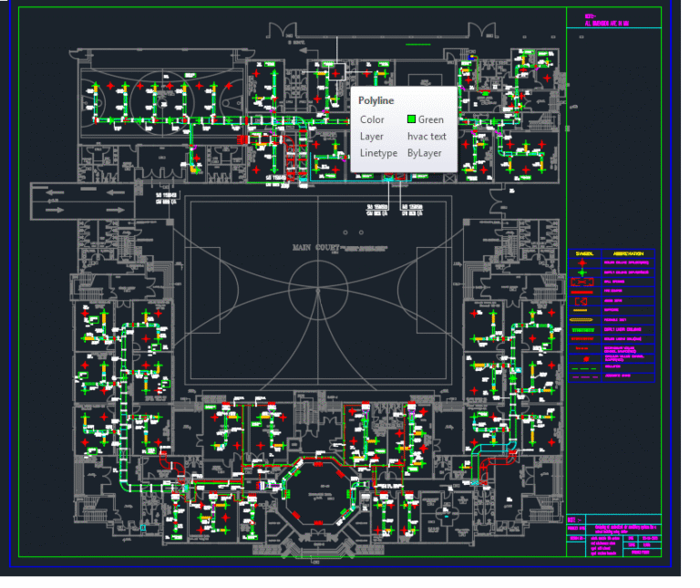 HVAC layout drawing of a school building showing color-coded ductwork and a detailed mechanical symbol legend.
