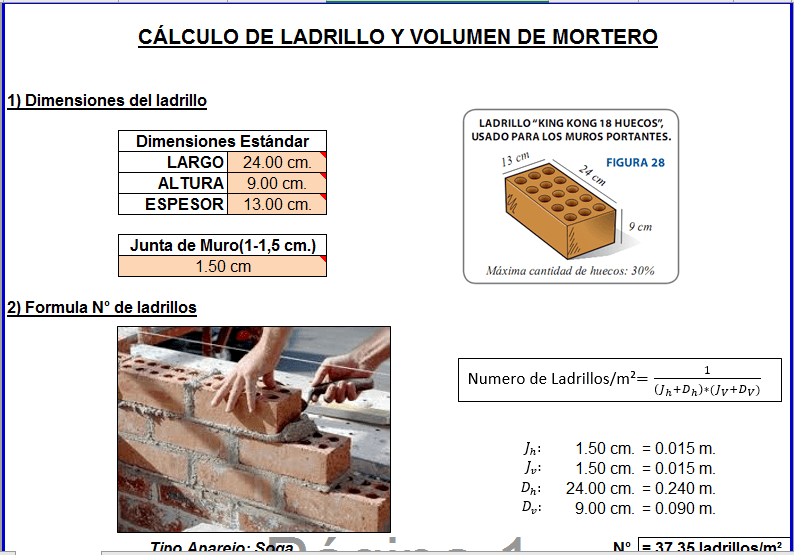 Cálculo De N° De Ladrillos Y Cantidad De Mortero Xlsx Excel Document 9707