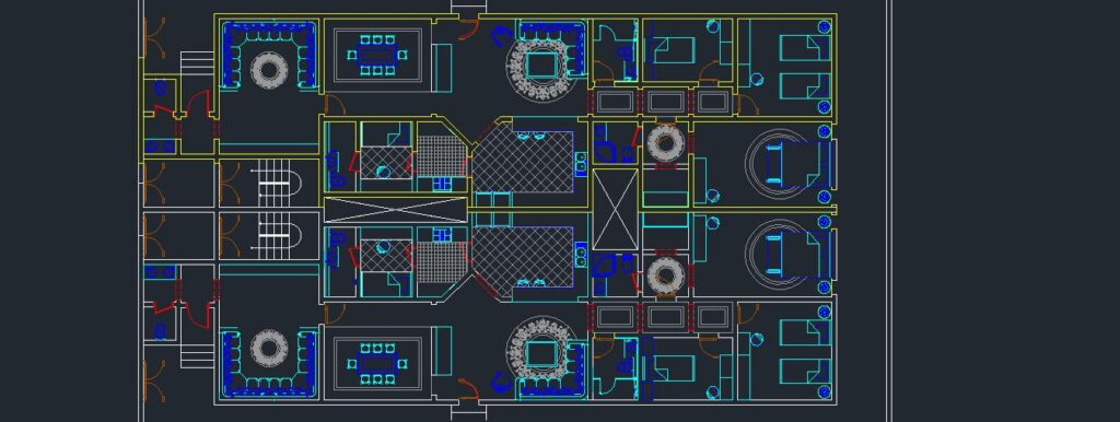 Detached Top View Design Apartment With Separate Furniture DWG Section for AutoCAD
