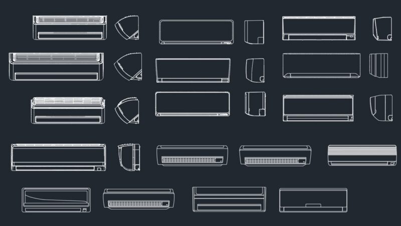 Air Conditioners Different Types and Sizes of Wall Mounted Cooling AC Units DWG for AutoCAD