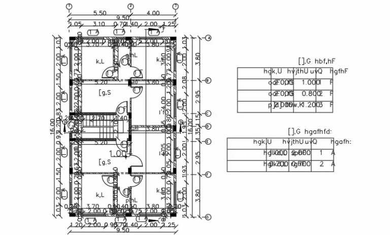 2D floor plan for a 10x16m apartment building with mirrored units, a central staircase, and a column grid.