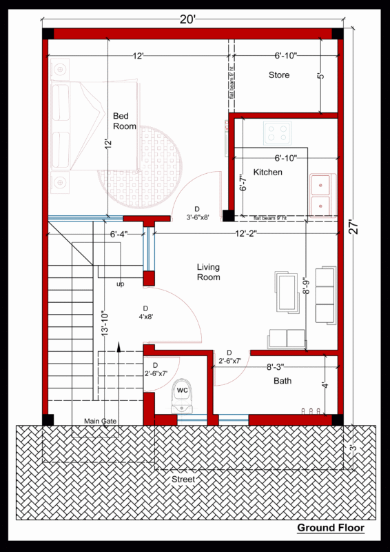 20’x27′ 1BHK Home Plan (Units: Feet/Inch)