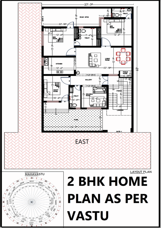 37×60 2BHK Home Plan as per Vastu (East Facing) in Feet/Inch