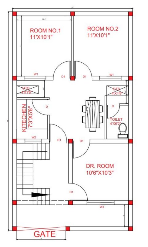 House Plan 3BHK 40×22 PDF