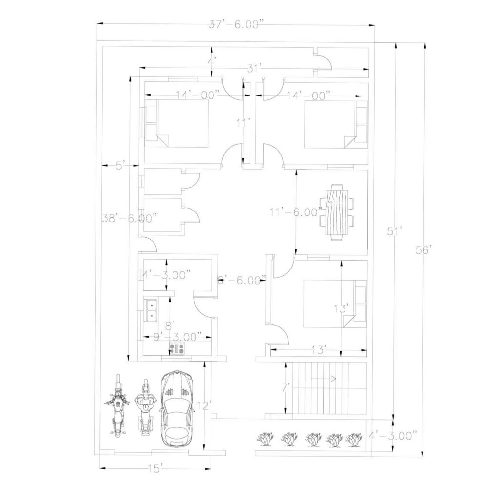 House plan 37′-6″ X 56′