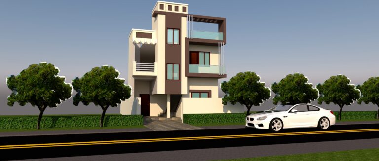 3D render of a three-story modern house with brown and cream facade, glass balconies, and a white car in front.