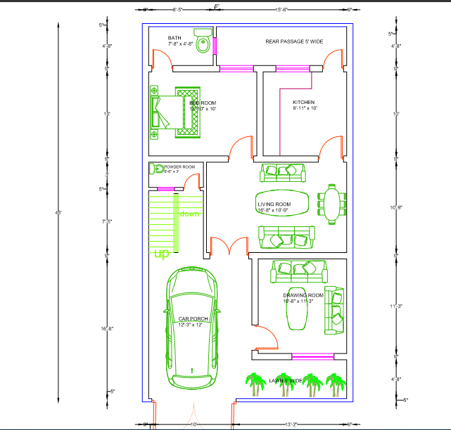 5 Marla House Plan Ground Floor 2D with Interior Fixtures PDF • Designs CAD