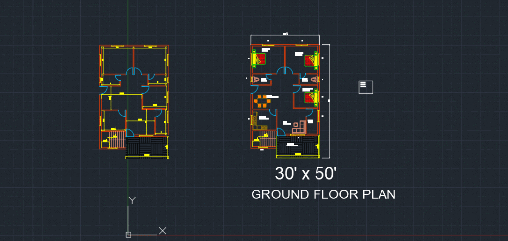 30′ x 50′ Plot House Plan with Layers and Furniture Placement