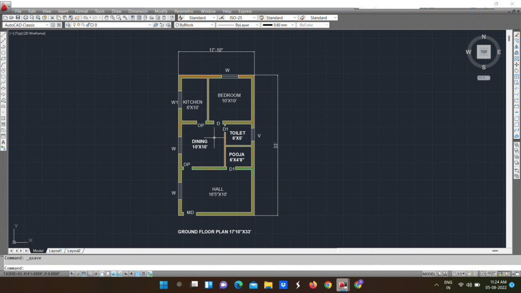 17’10″X33′ AUTOCAD HOME LINE PLAN