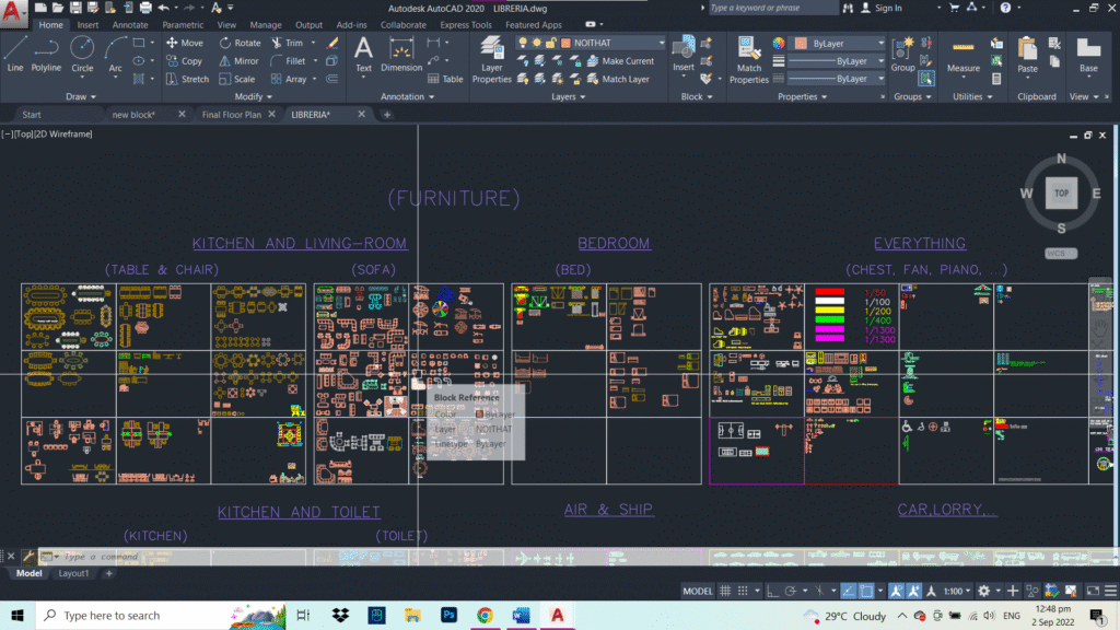 AutoCAD workspace displaying organized categories of 2D furniture, kitchen, toilet, and transport blocks.